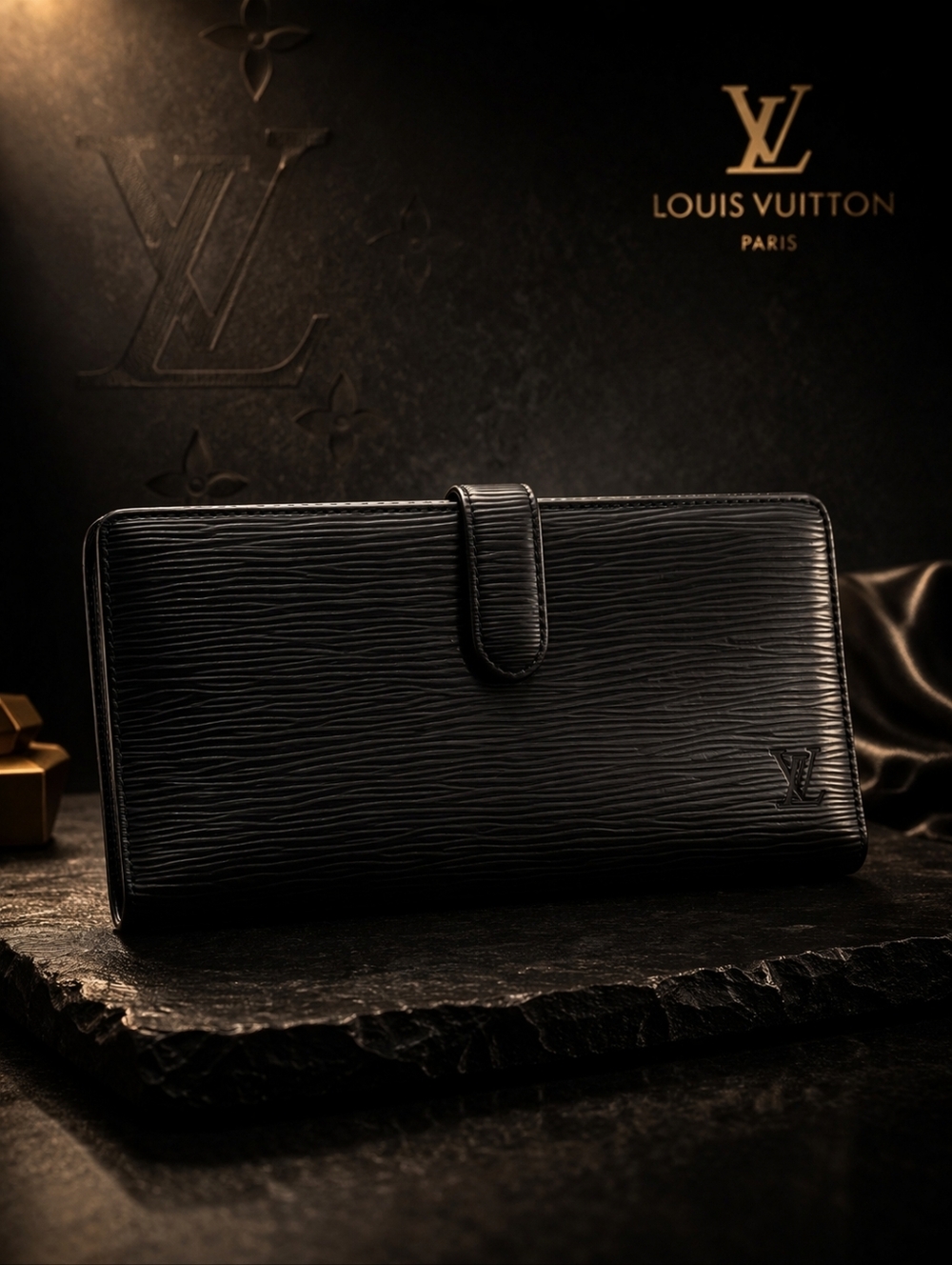 Louis Vuitton 2001 Black Epi Long Leather Vintage Leather Kiss Lock Wallet
